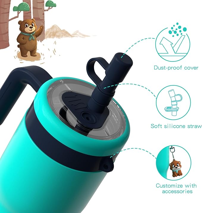 OISIZ 14oz Kids Tumbler with Straw Lid & Handle,Kids Cup with Animal Accessory for School,Kids Water Bottles with Dust-proof Cover,Leakproof Bottles,316 Stainless Steel,Keep Cold 24 Hours-dark green