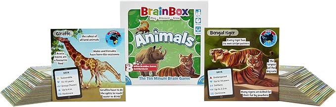 BrainBox Animals Card Game - Memory & Observation, 55 Detailed Scene Cards, Family-Friendly Trivia for Kids & Adults, Ages 8+, 1+ Players, 10 Min Playtime, Made by Green Board Games