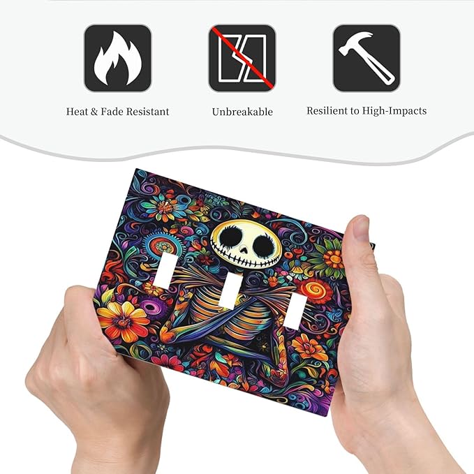 Decorative Switch Plates Colorful Flowers Abstract Skull 3 Gang Wall Plate Triple Toggle Light Switch Cover Faceplate Electrical Wall Panels For Home Living Room Decor