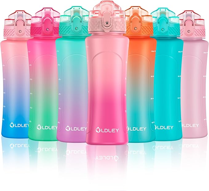 OLDLEY Kids Water Bottle with Straw 15 oz BPA-Free Leak-Proof Motivational Water Bottles with Time Marker for School Sports Travel Gym, Easy to Use for Girls Goys, 1 Straw Lid, Pink Purple