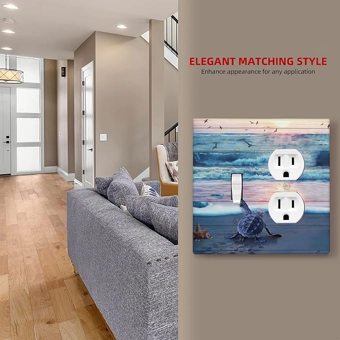 2-Gang 1-Toggle 1-Duplex Combination Wall Plate Nautical Ocean Teal Blue Beach Turtle Sea Life Coastal Starfish Sunset Two Combo Double Device Toggle/Outlet Receptacle Light Switch Face Plate Cover