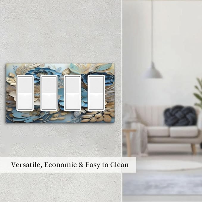 Decorative Art Light Switch Covers Blue and Creamy Floral 4 Gang Rocker Decora Outlet Covers Electrical Faceplate GFCI Wall Plate for Home Decor