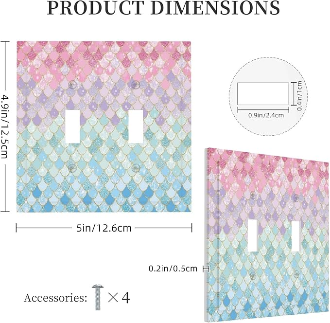 Colorful Mermaid Scales Double Toggle Light Switch Cover Decorative Blue 2 Gang Wall Plate Electrical Faceplate Switchplate for Girls Bedroom Kids Baby Nursery Living Room Decor