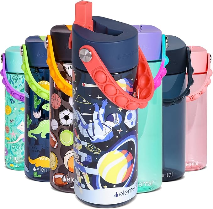 Elemental Water Bottles for Kids - Splash Kids Water Bottle for School with Pop-it Handle - BPA Free Tritan Plastic Water Bottle with Straw Leak Proof when Spout is Closed - Space - 18oz
