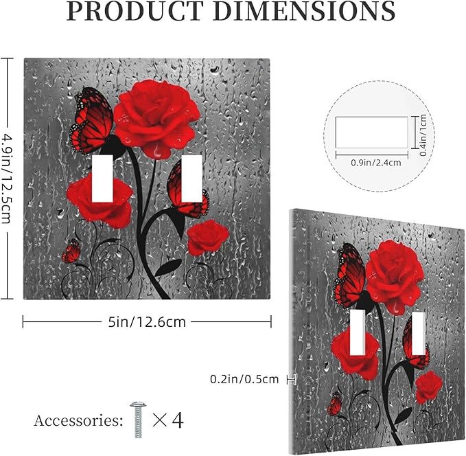 Butterfly Red Rose Flower 2 Gang Double Toggle Light Switch Cover Decorative Valentine's Day Wall Plate Faceplate Girls Water Red Rose Floral Bathroom Home Living Room Decor 5" x 4.9 Standard size