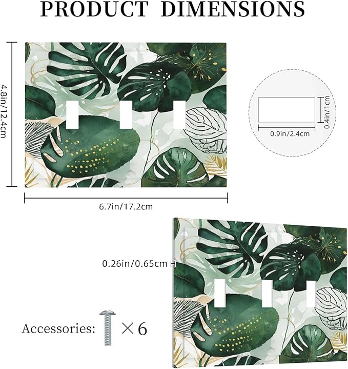 Decorative Switch Plates Boho Tropical Leaves 3 Gang Wall Plate Triple Toggle Light Switch Cover Faceplate Electrical Wall Panels for Bedroom Bathroom Decor