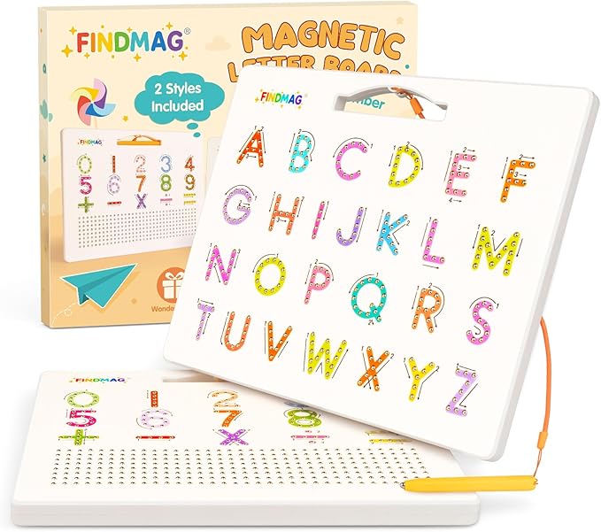 FINDMAG Magnetic Alphabet Board, 2 in 1 Magnetic Letter Drawing Board for Toddler, Double Sided Letter Tracing Boards Preschool Handwriting Learning Tools, Reusable Educational Learning Gifts for Kids