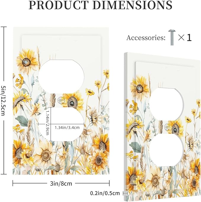 Yellow Floral Sunflowers Wheat Ears Watercolor Wild Flowers Outlet Covers 1 Gang Duplex Light Switch Cover Decorative Switch Plates Electrical Receptacle Faceplate Wall Plate for Bedroom Living Room