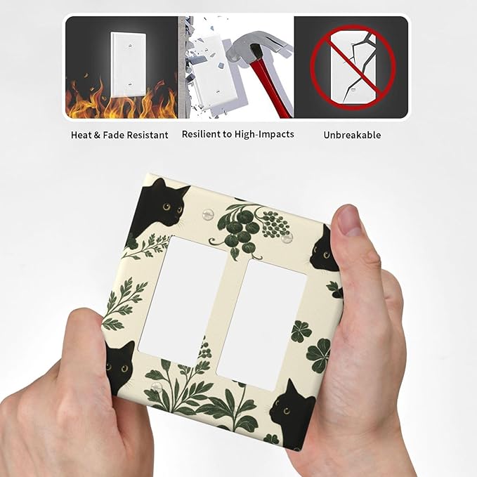 Decorative Outlet Covers Funny Black Cat Green Leaf 2 Gang Light Switch Cover Plate Double Rocker Wall Plates for Electrical Outlets Switch Plate Covers for Bedroom Home Decor