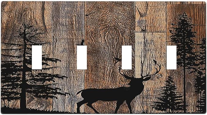 Light Switch Covers Rustic Forest Antler Elk Deer Silhouettes Animals Wood Grain Quad Toggle 4 Gang Wall Plate Electrical Faceplate Decorative Switch Plates for Farmhouse Home Decor
