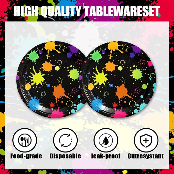 40pcs Neon Party Supplies Paper Plate and Napkins Neon Glow Birthday Colorful Graffiti Party Decoration for Glow Kids Baby Shower Birthday Decorations