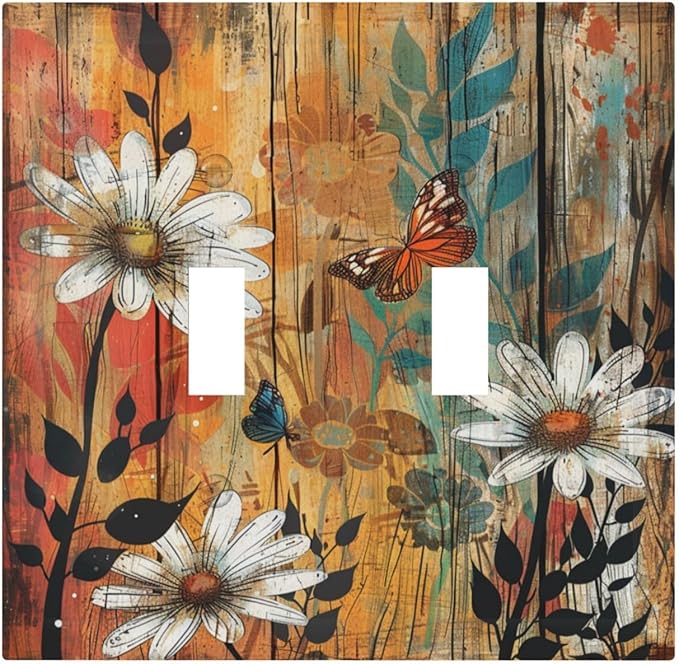 Light Switch Cover Plate Vintage Wooden Daisies Butterflies Floral 2 Gang Double Toggle Decorative Switch Plates Wall Plates Electrical Faceplate for Bathroom Farmhouse Decor
