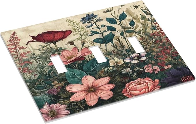Decorative Light Switch Cover Rustic Wildflower Red Floral Green Plant 3 Gang Wall Plate Oversized Triple Toggle Switch Jumbo Electrical Face