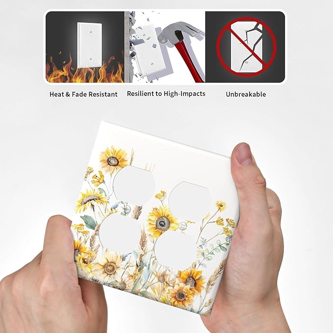 Yellow Floral Sunflowers Wheat Ears Watercolor Wild Flowers Outlet Covers 2 Gang Double Duplex Decorative Light Switch Covers Electrical Wallplates Socket Faceplate for Bedroom Living Room Decor