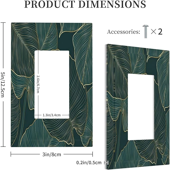 Gold Tropical Green Botanical Palm Leaves Decorative Outlet Covers 1 Gang Single Rocker Light Switch Cover Plate Wall Plates GFCI Faceplate for Bedroom Living Room Decor