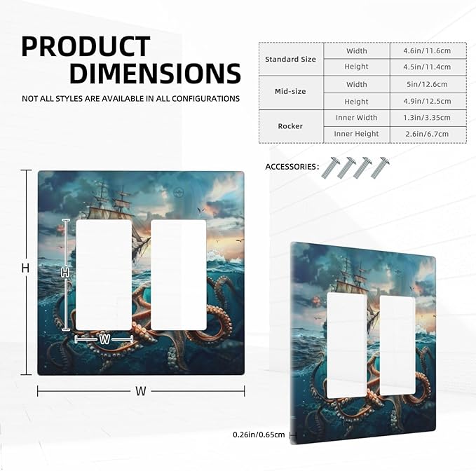 Light Switch Cover Plate Sailboat Ship Octopus Ocean Sea Waves 2 Gang Double Rocker Outlet Covers Decorative Switch plates Electrical Wall Plates GFCI Receptacle for Bathroom Bedroom Decor