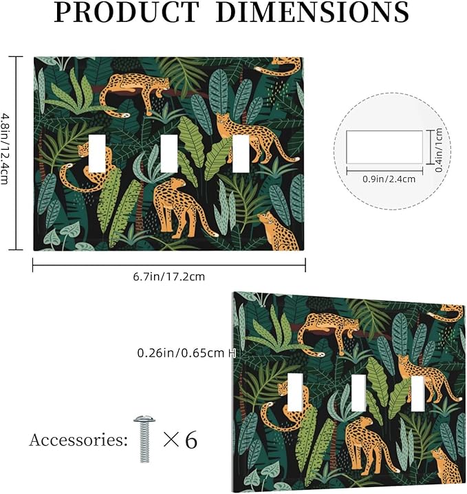 Jungle Cheetah Tropical Wildlife Leopard Green Palm Leaf Decorative Switch Plates 3 Gang Wall Plate Triple Toggle Light Switch Cover Faceplate Electrical Wall Panels for Farmhouse Home Decor