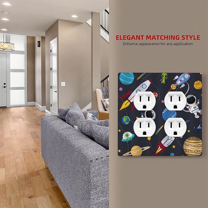 Rocket Planets Astronaut Blue Decorative Outlet Covers 2-Gang Duplex Light Switch Cover Gfci Wall Plate Covers Electrical Receptacle Switch Plate Cover Plug Faceplate for Bathroom Decor
