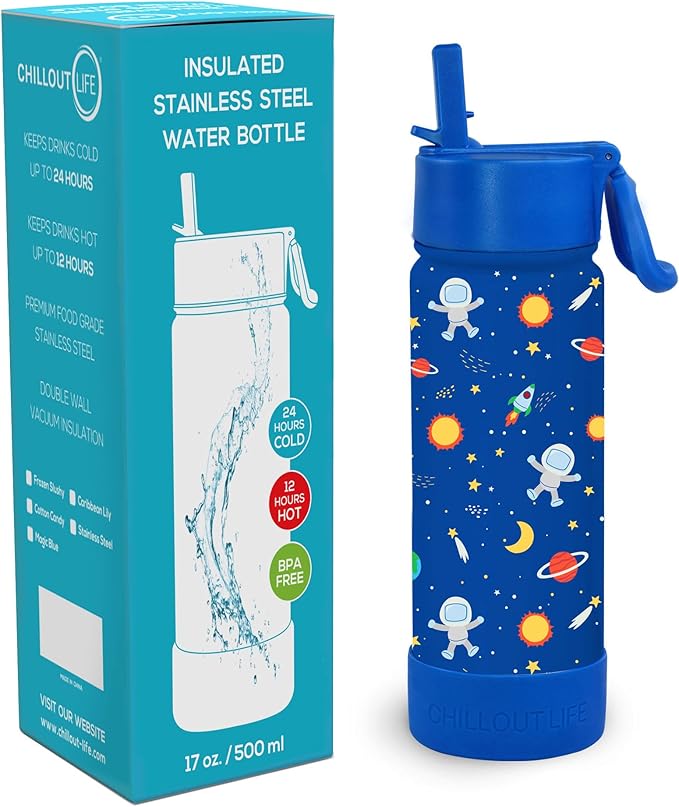 CHILLOUT LIFE 17 oz Kids Insulated Water Bottle for School with Straw Lid Leakproof and Cute Waterproof Stickers, Personalized Stainless Steel Thermos Flask Metal Water Bottle, Blue Space