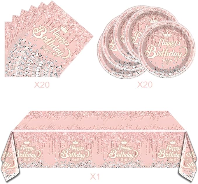 Pink Rose Gold Party Tableware set,Pink Happy Birthday Theme 20 Plates and 20 Napkins and Tablecloths 71 '' x 42 '' for Girls Women Silver Glitter Birthday Party Supplies