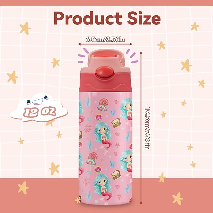 Mermaid Water Bottle for Kids - 12oz Sea Kids Water Bottle with Straw, Stainless Steel Tumbler, Insulated, Leak-proof, BPA-free, Pop-up Straw Lid, for School - Children Birthday Gift Cup(1pc)