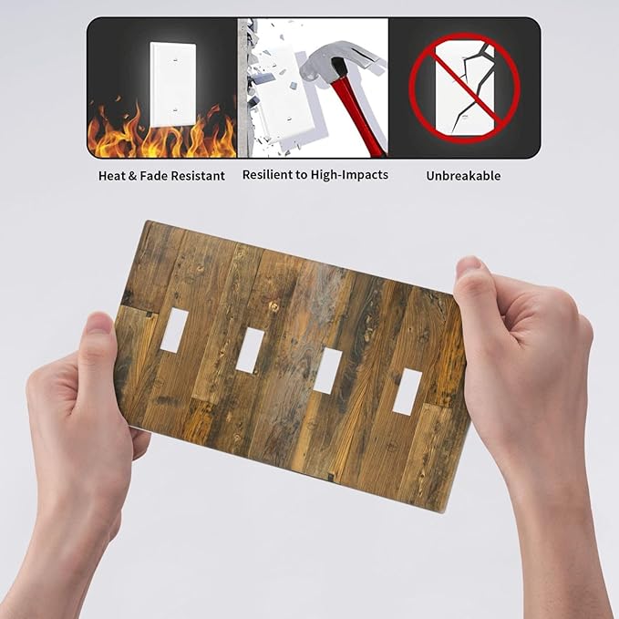 Brown Wood Vintage Rustic Old Board Light Switch Covers Quad Toggle Electrical Faceplate 4 Gang Wall Plate Decorative Switch Plates for Farmhouse Home Decor