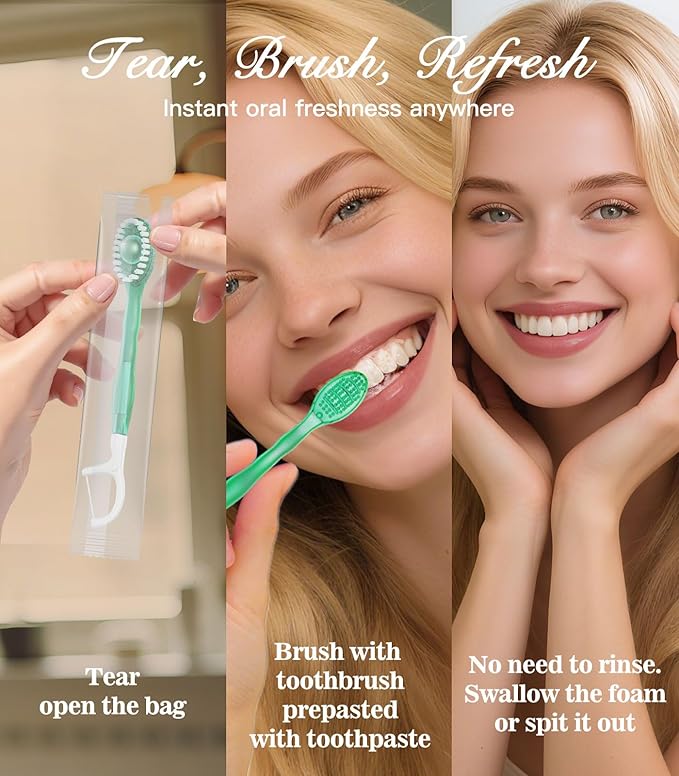 12 Pack 5 in 1 Disposable Mini Toothbrushes with Toothpaste, Floss, Pick & Tongue Scraper, Individually Wrapped, Portable Toothbrush Travel Set for Kids Adults, Green Tea Flavor