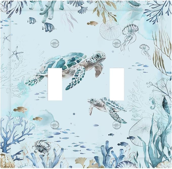 Decorative Switch Plates Teal Blue Ocean Sea Turtle Seabed Plants 2 Gang Double Toggle Wall Plate Outlet Light Switch Cover Electrical Faceplate for Bathroom Kids room Decor
