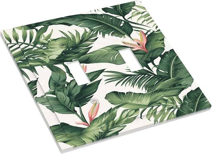 Tropical Leaf Jungle Botanical Palm Tree Greenery Floral Decorative Switch Plates 2 Gang Double Toggle Outlet Light Switch Cover Wall Plate Electrical Faceplate for Bedroom Living Room Decor