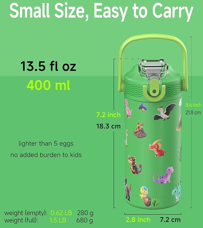 MYFOREST 14oz/400ml Insulated Kids Water Bottle, Odor-Free Surgical Grade Liner, Dishwasher-Safe, Name Spot, Soft Sipper, Gift for Dino Fan (DinoCraft: Chibi)