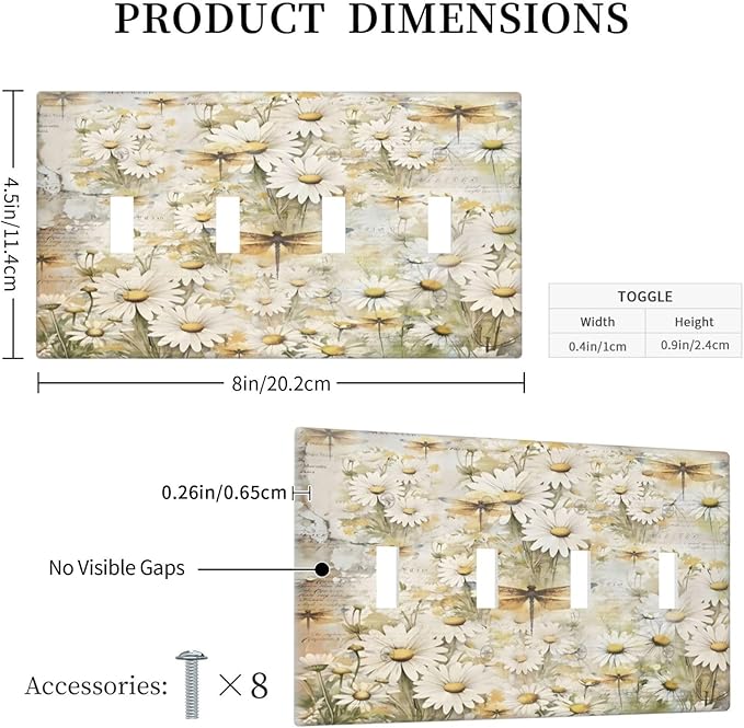 Vintage Letter Paper Wildflowers Dragonfly Daisy Floral Light Switch Covers Quad Toggle Electrical Faceplate 4 Gang Wall Plate Decorative Switch Plates Cover for Farmhouse Bedroom Decor