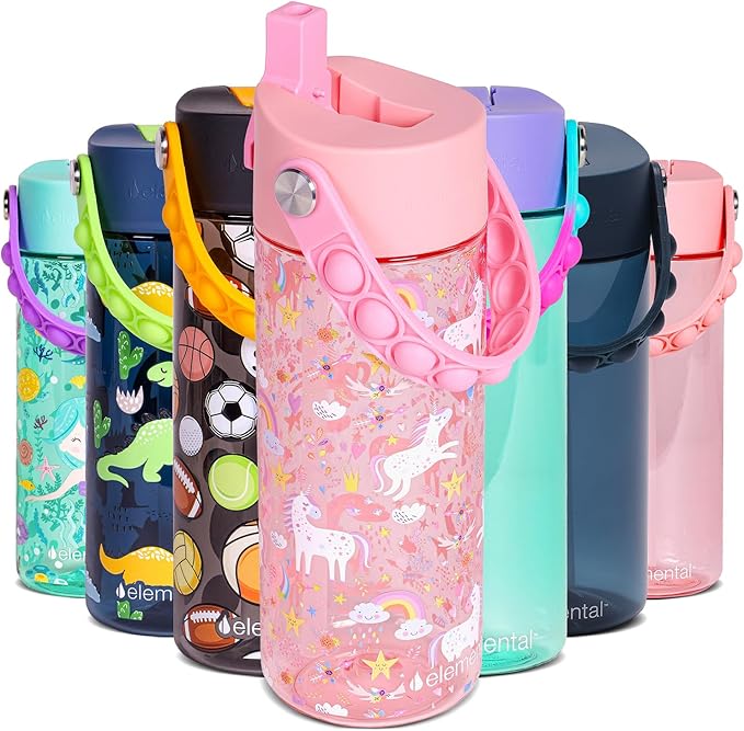 Elemental Water Bottles for Kids - Splash Kids Water Bottle for School with Pop-it Handle - BPA Free Tritan Plastic Water Bottle with Straw Leak Proof when Spout is Closed - Pink Unicorn - 18oz