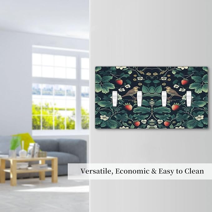 Light Switch Covers Strawberry Birds Flowers Plant Morris Floral Quad Toggle Electrical Faceplate 4 Gang Wall Plate Decorative Switch Plates for Bedroom Farmhouse Decor