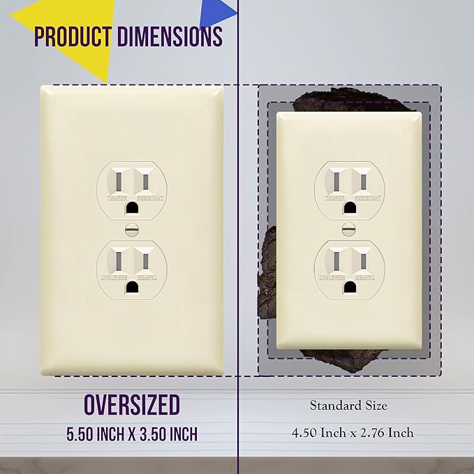 ENERLITES Duplex Receptacle Outlet Wall Plate, Jumbo Electrical Outlet Cover, Gloss Finish, Oversized 1-Gang 5.51" x 3.50", Polycarbonate Thermoplastic, 8821O-LA, Light Almond