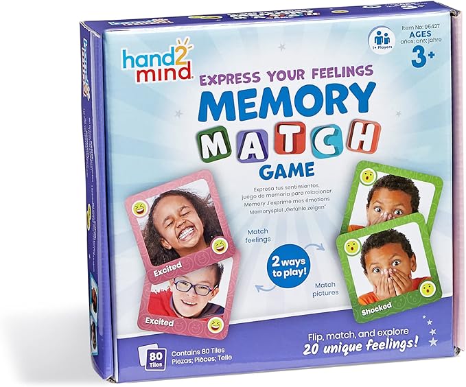 hand2mind Express Your Feelings Memory Match Game, Emotion Cards, Matching Game, Emotional Intelligence for Kids, Play Therapy Games for Kids, Social Emotional Learning Activities, Social Skills Games