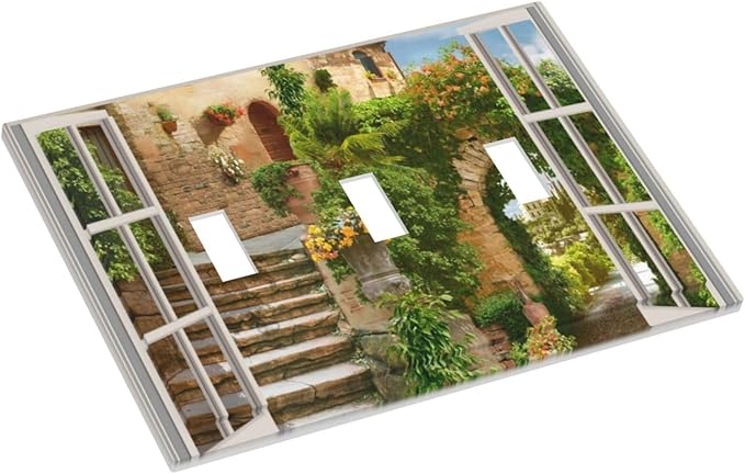 Mediterranean Greece Scene Flowers Triple Toggle Light Switch Cover 3 Gang Wall Plate Decorative Italian Town from Another Window Electrical Facplate for Bathroom Kitchen Home 6.7" x 4.8"
