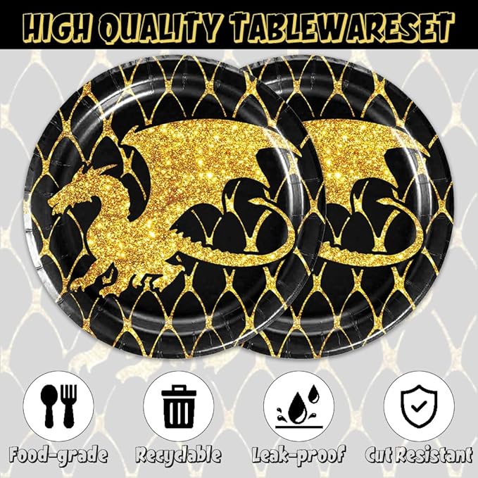 40Pc Gold Black Dragon Party Plates and Napkins for 20 Guests - Tableware Black and Gold Dragon Supplies for Fantasy Baby Shower Birthday Party Decorations