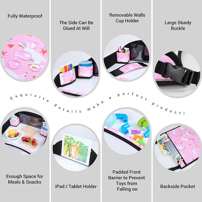 COOLBEBE Kids Travel Tray for Toddler Car Seat, Travel Tray for Airplane, Lap Tray, Carseat Table Tray for Kids, Pink Unicorn, 2 Pack