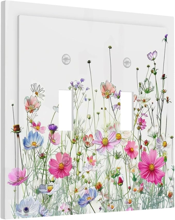 Decorative Switch Plates Boho Colorful Flowering Plant Wild Flower 2 Gang Double Toggle Outlet Light Switch Cover Wall Plate Electrical Faceplate For Bed Room Living Room Decor