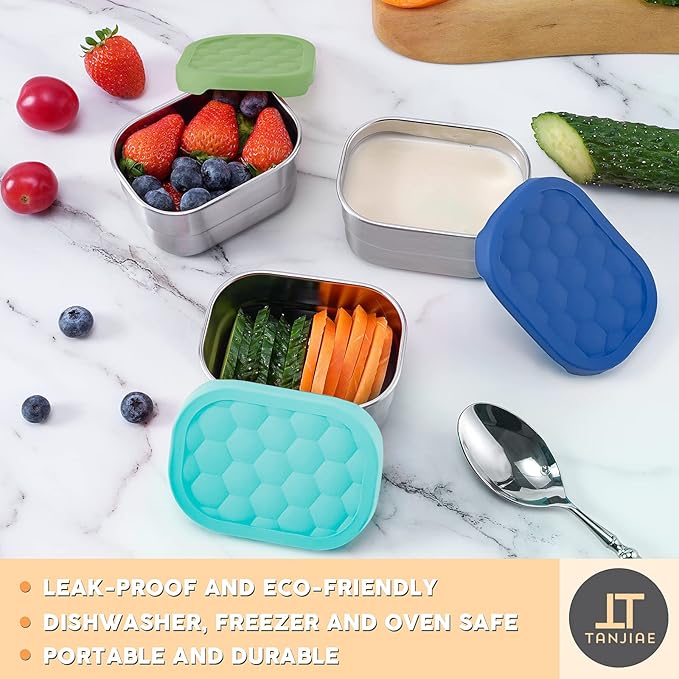 Tanjiae Small (1 CUP) Stainless Steel Snack Containers for Kids | Easy Open Leak Proof Food Containers with Silicone Lids - Perfect Metal Toddler Lunch Box for Daycare and School (8oz)