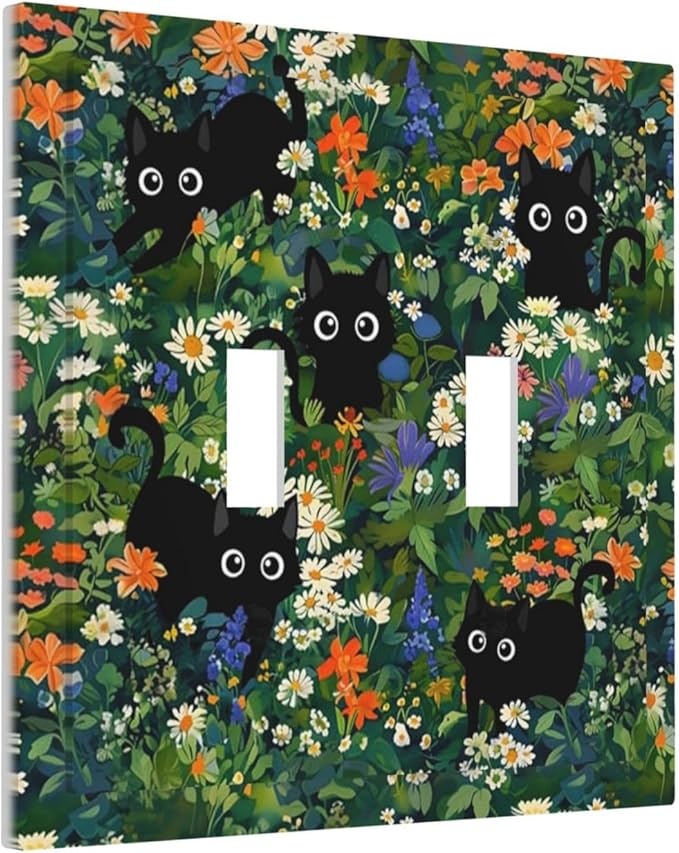 Green Funny Boho Cute Black Pets Cats Paw Double Toggle Wall Plate Cartoon Spring Garden Nursery Kid Girl Boy Kittens Decorative 2-Gang Light Switch Cover Electrical Receptacle Outlet Face Plate Cover
