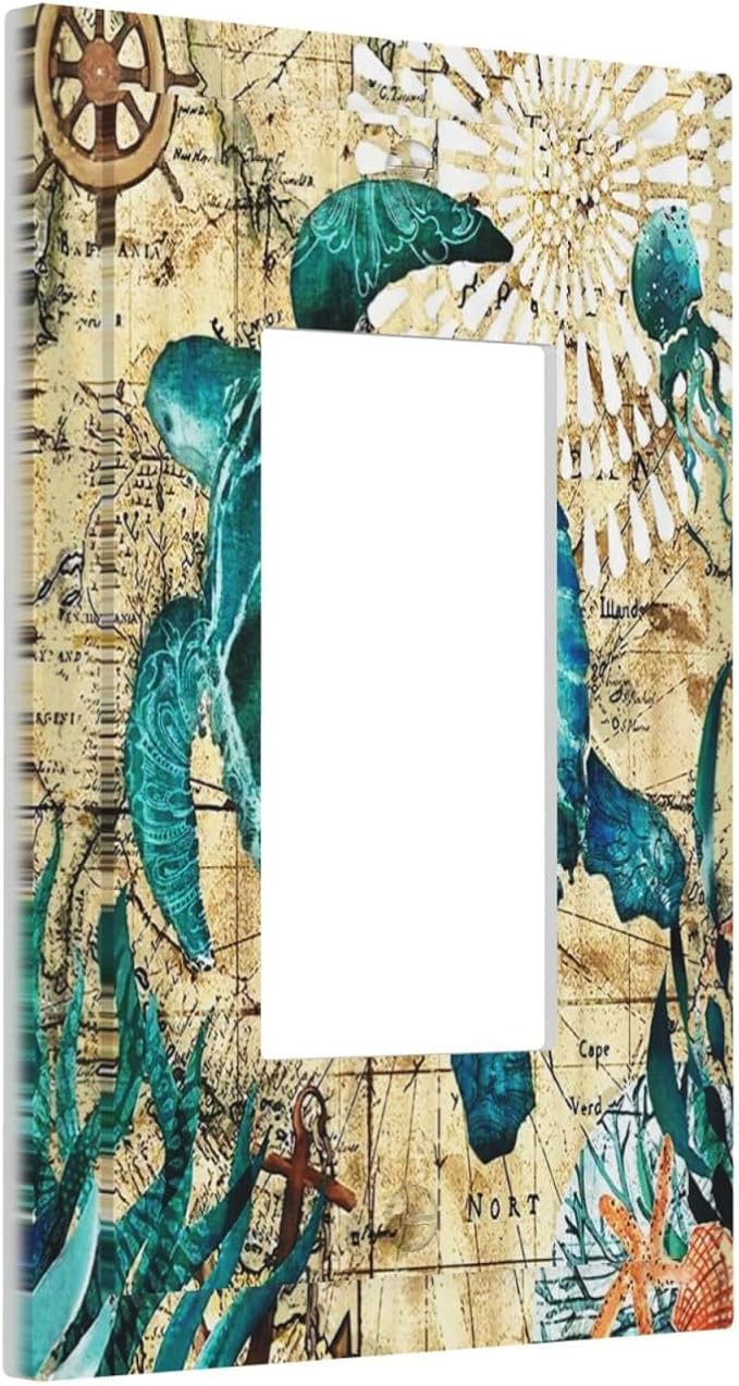 Sea Blue Turtle Beach Nautical Ocean Themed Teal World Map Tortoise Coastal 1 Gang Electrical Decora/GFCI Device Wallplate Single Decorator Rocker Outlet Light Switch Cover Electrical Faceplate Dimmer