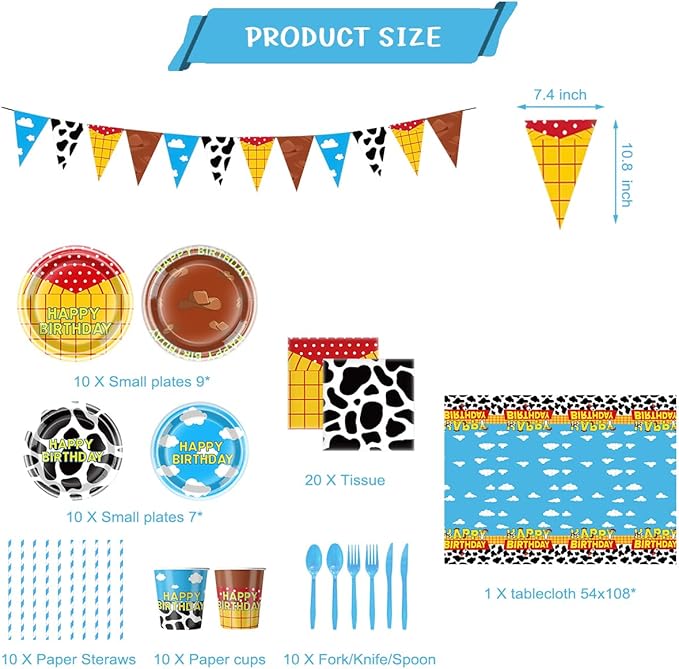 Cartoon Toy Birthday Party Supplies,Blue Sky and White Clouds Pattern With Cow Print Design,Cartoon Story Tableware Party Decoration