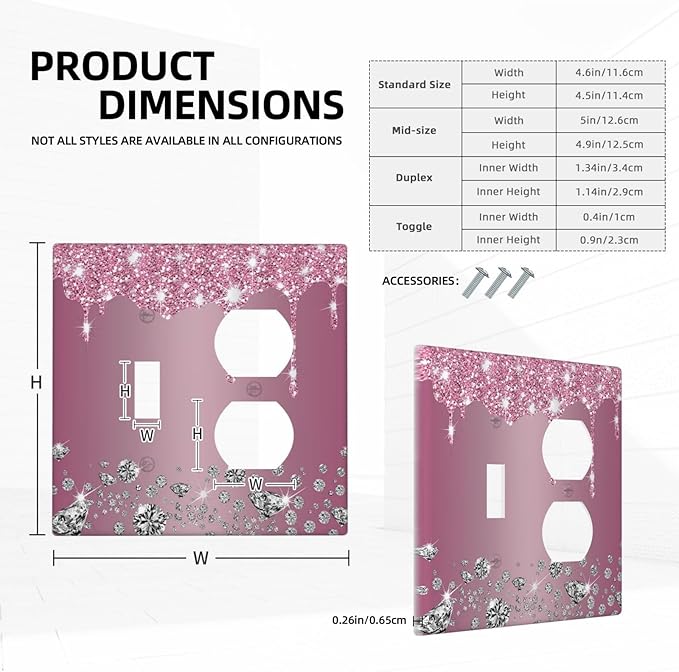 Decorative Outlet Covers Sparkling Diamonds Pink Silver Glitter Drops 2 Gang Wall Plate Cover Single Toggle Duplex Combo Two Switch Light Switch Cover Plate Jumbo Dual GFCI Face Plate