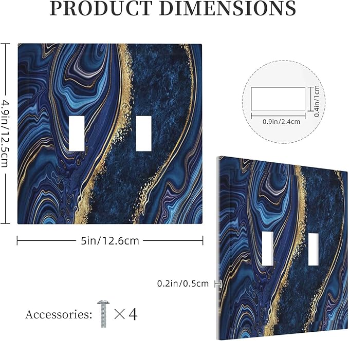 Luxury Marble Navy Blue 2 Gang Double Toggle Light Switch Cover Decorative Wall Plate Faceplate For Boys Men Modern Art Agate Stone Watercolor Gold Line Bathroom Home Living Room Decor 5" x 4.9
