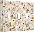 Vintage Butterflies Triple Toggle Wall Plates Colorful Wildflower 3 Gang Light Switch Cover Decorative Cute Bees Electrical Switchplate Faceplate Beige Flower Leaves Dimmer Decor for Bedroom Kidroom