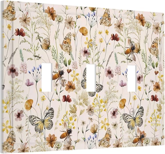 Vintage Butterflies Triple Toggle Wall Plates Colorful Wildflower 3 Gang Light Switch Cover Decorative Cute Bees Electrical Switchplate Faceplate Beige Flower Leaves Dimmer Decor for Bedroom Kidroom