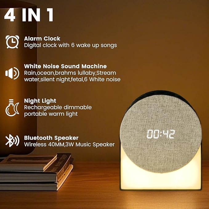 White Noise Machine Alarm Clock with Night Light, 4in1 Bluetooth Speaker & Natural Sounds – Portable Sleep Aid for Adults, Kids & Baby – Rechargeable, Timer, Dimmable Warm Light