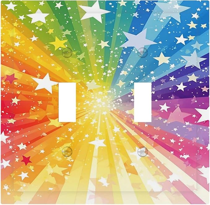 Light Switch Cover Plate Rainbowcolored Rays With White Stars 2 Gang Double Toggle Decorative Switch Plates Wall Plates Electrical Faceplate for Nursery Home Decor