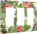 Tropical Plant Green Palm Light Switch Cover Triple Rocker Decorative 3 Gang Switches Plates and Outlet Covers Banana Leaves Pink Flower Rainfores Jungle Botanical Switchplate Wallplate